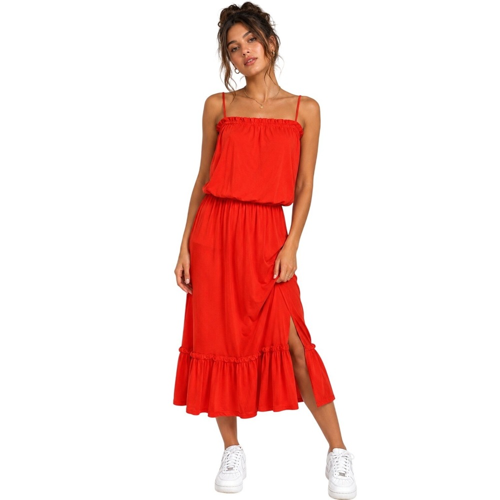 Vintage Put On‎ Women Orange Polyester Spaghetti Straps Ruffle Midi Dress Medium